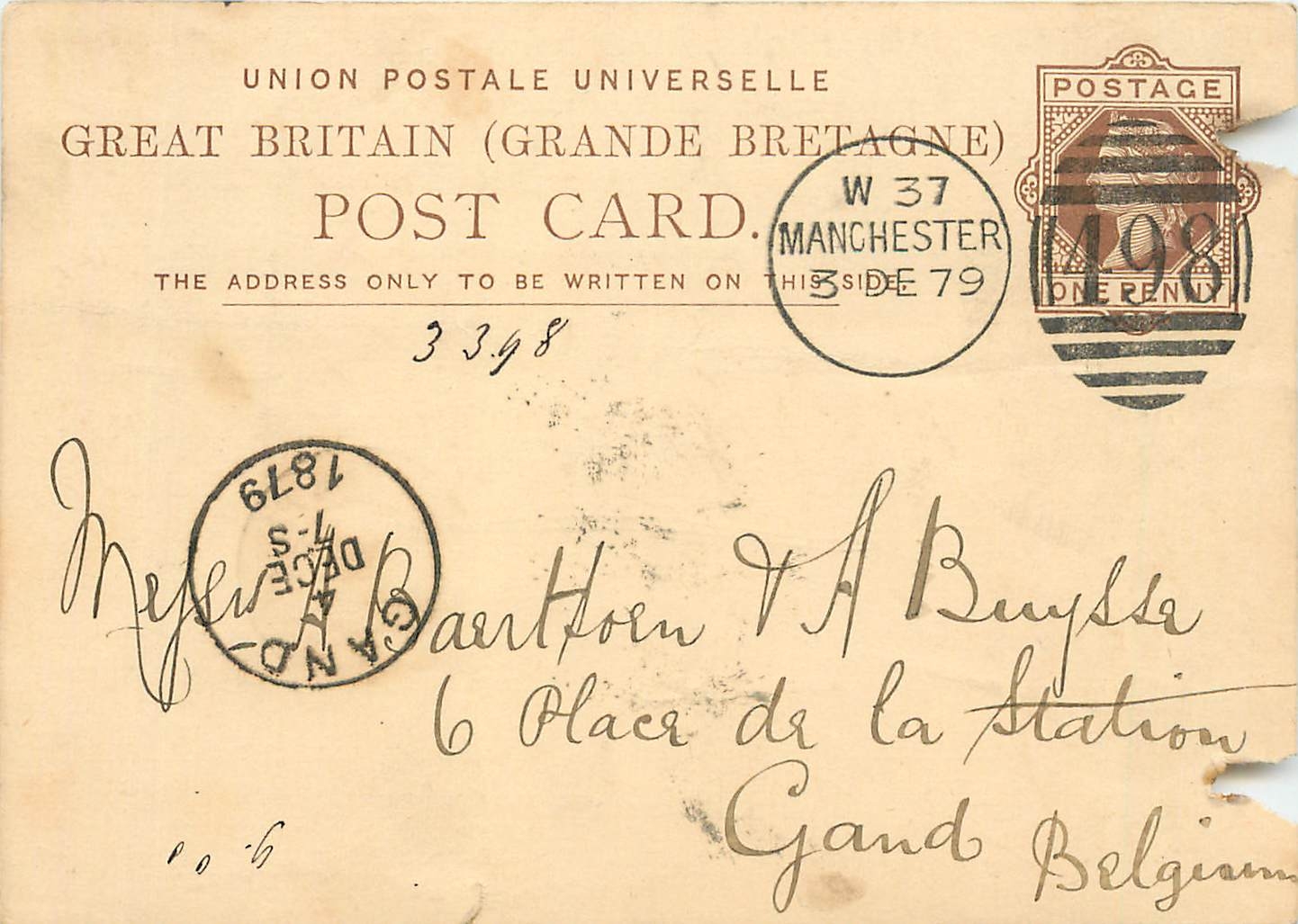 Entier Postal Postal Stationary Grande Bretagne Great Britain 1879 Manchester to Gand