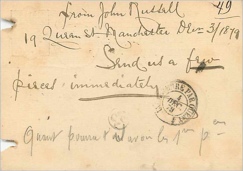 Entier Postal Postal Stationary Grande Bretagne Great Britain 1879 Manchester to Gand — Verso