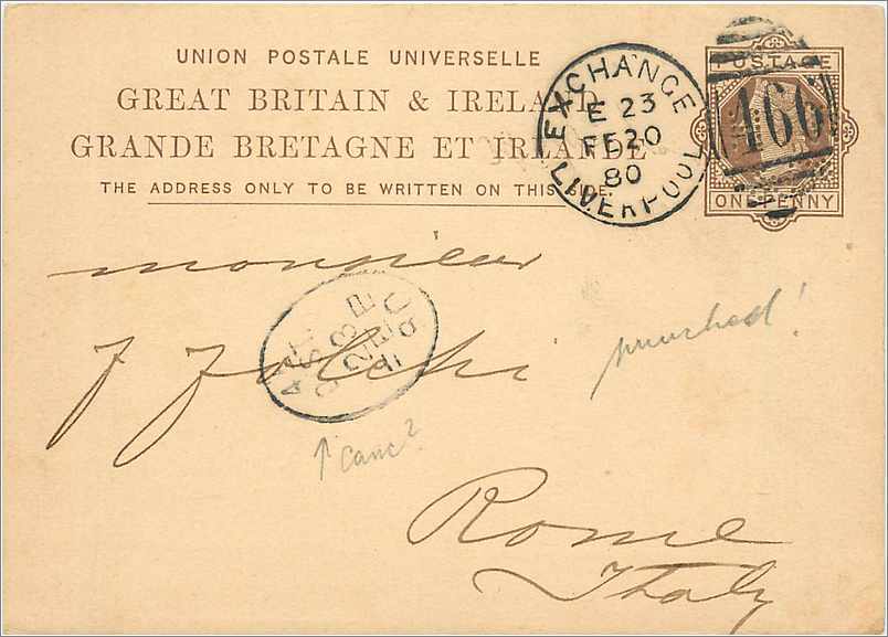 Entier Postal Postal Stationary Grande Bretagne Great Britain 1880 Liverpool to Rome