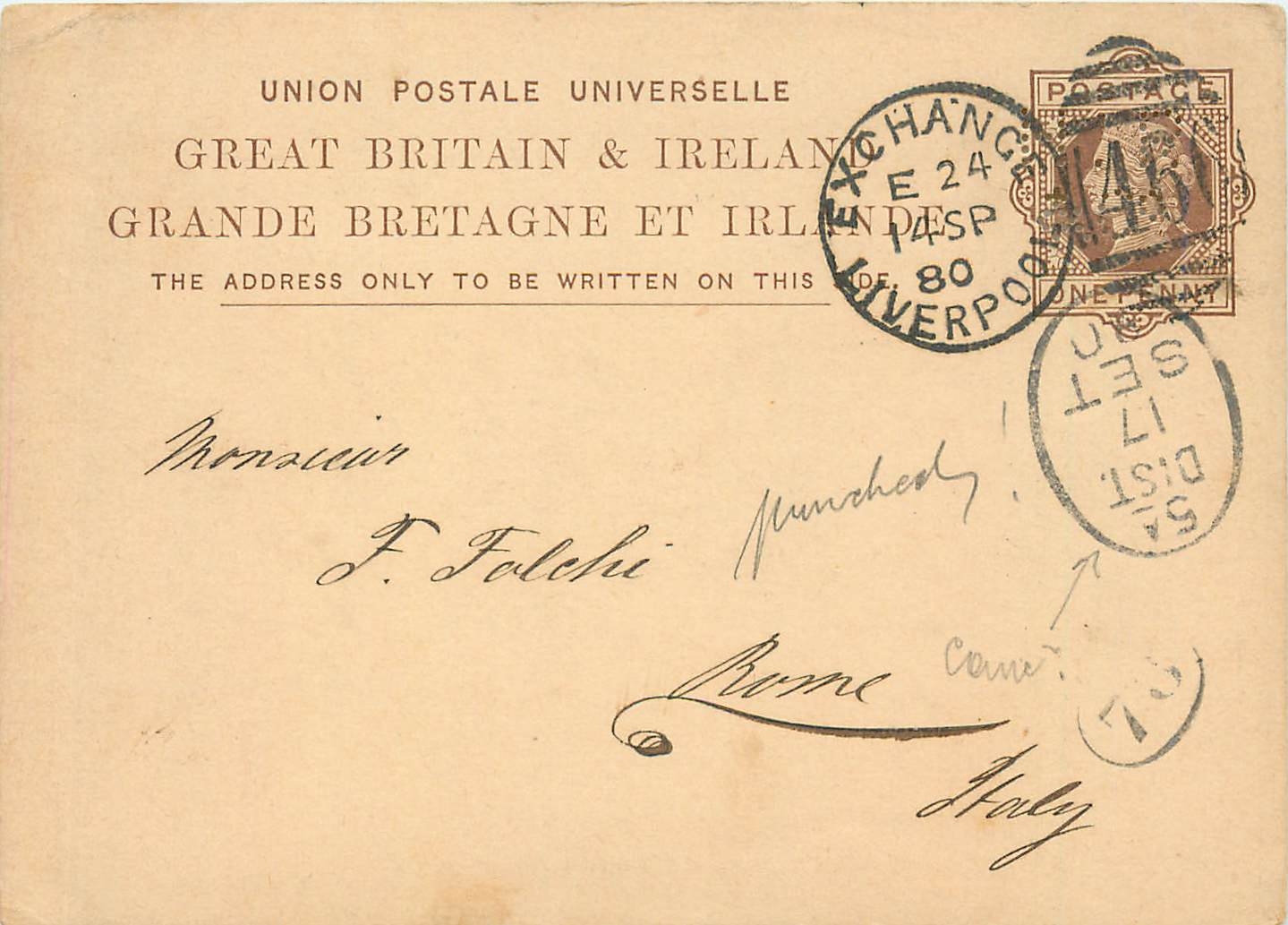 Entier Postal Postal Stationary Grande Bretagne Great Britain 1880 Liverpool to Rome