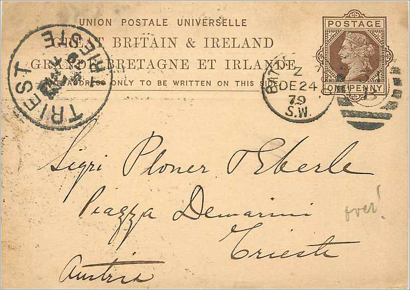 Entier Postal Postal Stationary Grande Bretagne Great Britain 1879 Battersea to Trieste