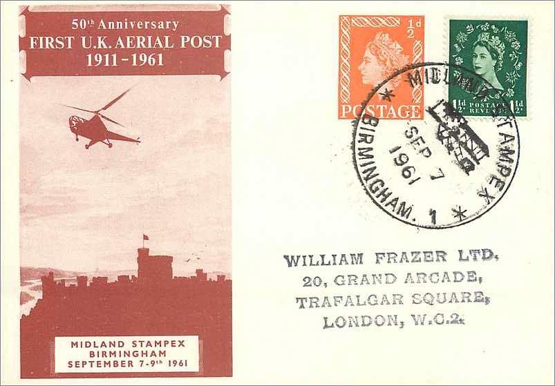 Entier Postal Postal Stationary 1 1/2p + 1/2 First UK Aerial Post 1911 1961 Helicoptere Midland Stam