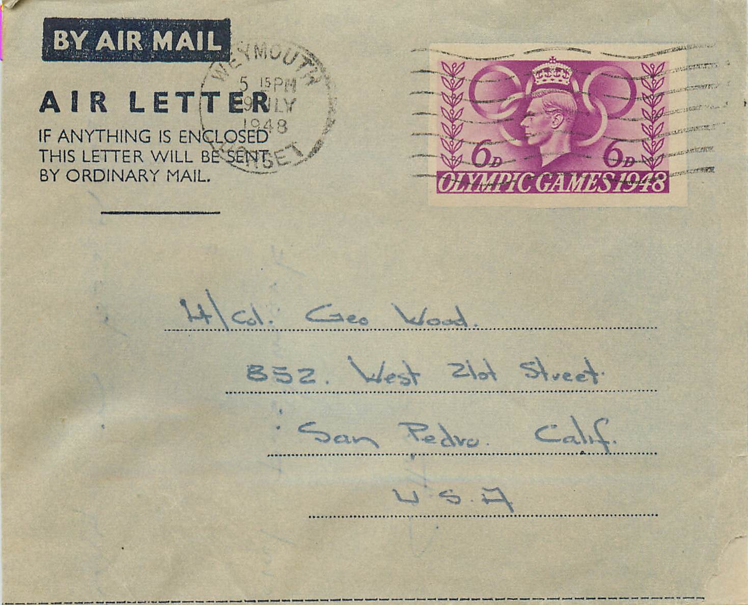 Entier Postal Postal Stationary 6p Aerogram Olympic Games Jeux Olympiques 1948