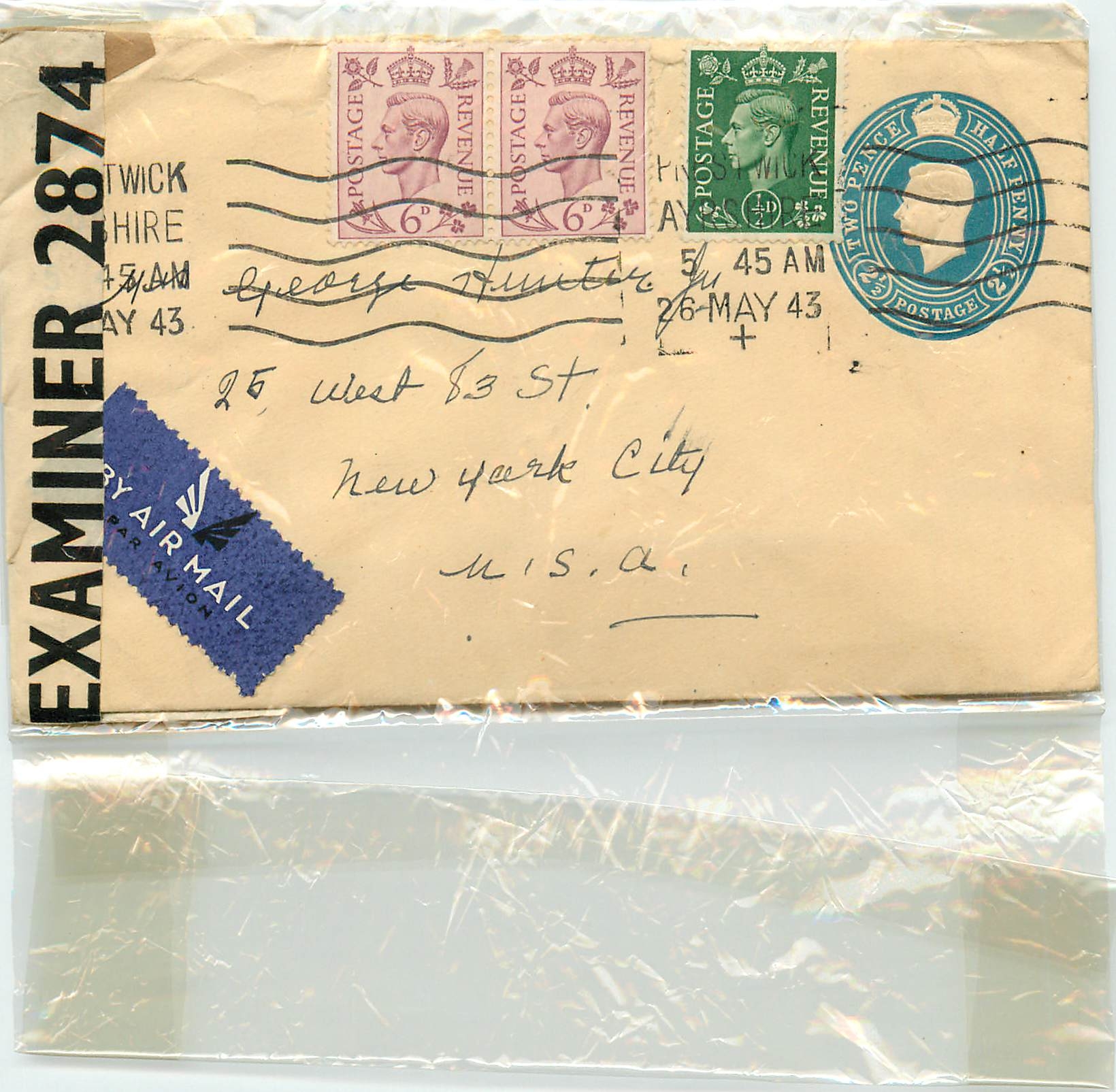 Entier Postal Postal Stationary 2 1/2d Censor for USA 1942