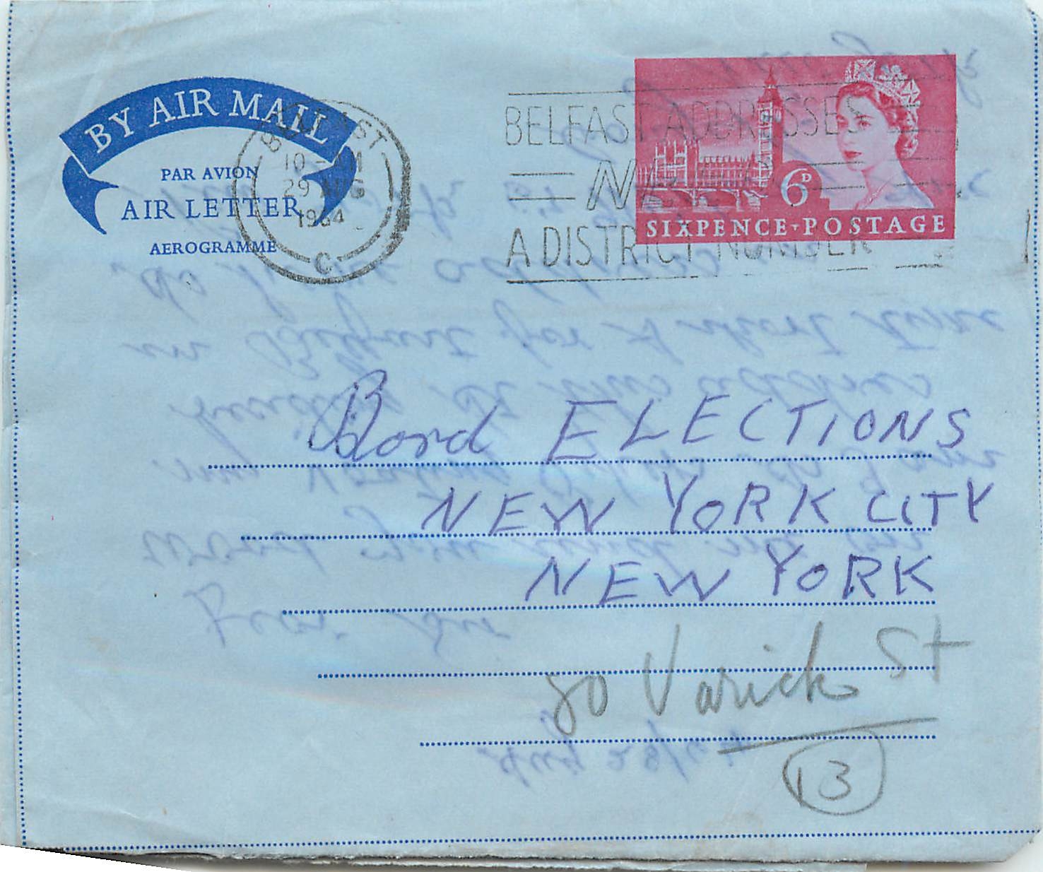 Belfast — Élections — Aerogramme édité par Belfast Addresses