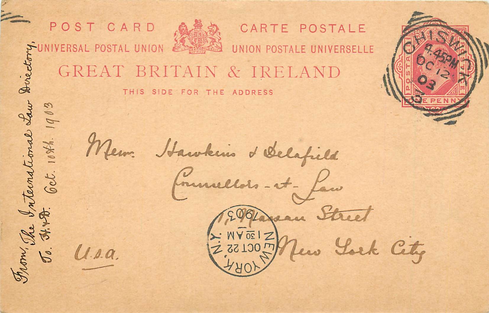 Entier Postal Postal Stationary Grande Bretagne Great Britain 1p Chiswick for New York 1903