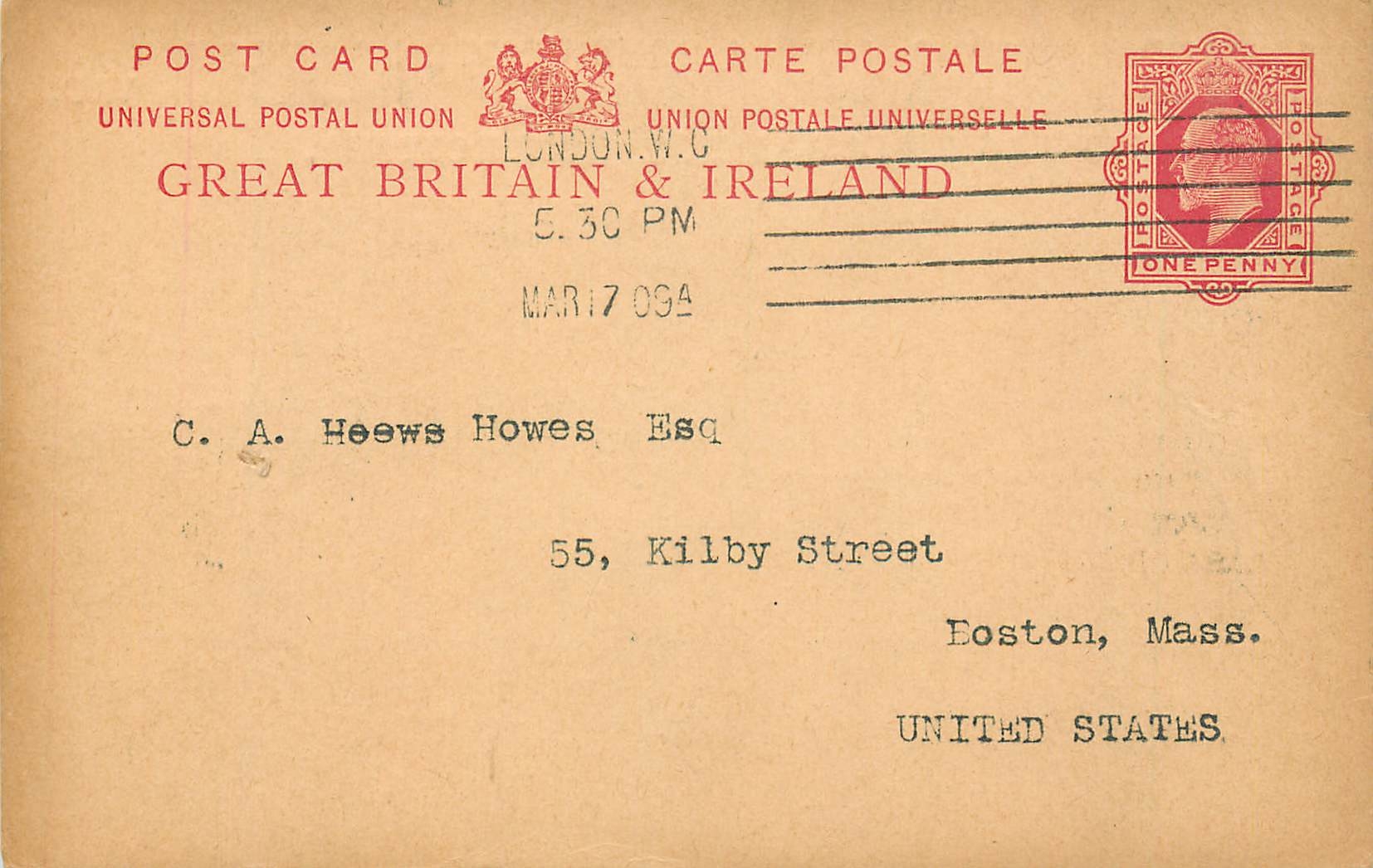 Entier Postal Postal Stationary Grande Bretagne Great Britain 1p London for Boston 1909