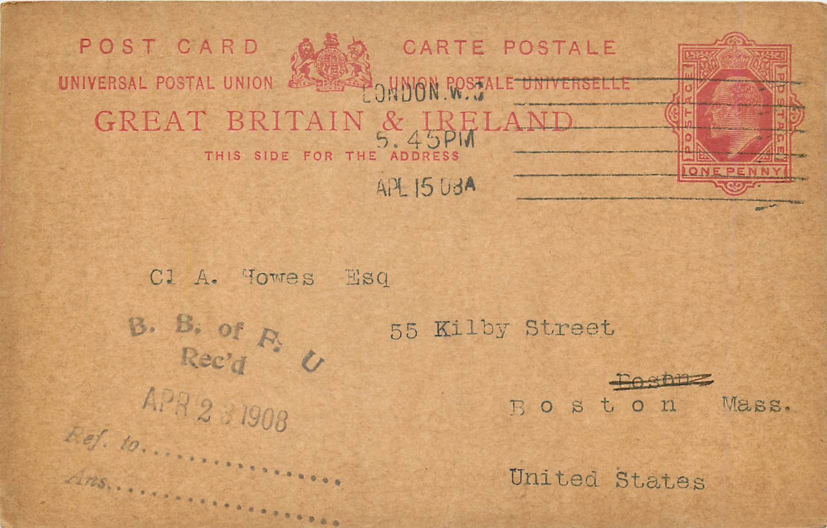 Entier Postal Postal Stationary Grande Bretagne Great Britain London 1908 to Boston Alfred Smith