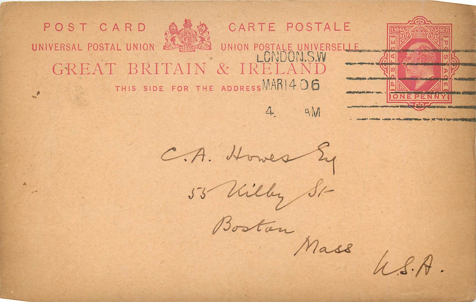 Entier Postal Postal Stationary Grande Bretagne Great Britain 1906 London to Boston