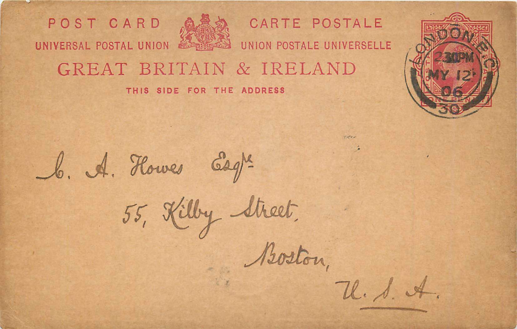 Entier Postal Postal Stationary Grande Bretagne Great Britain 1906 London to Boston