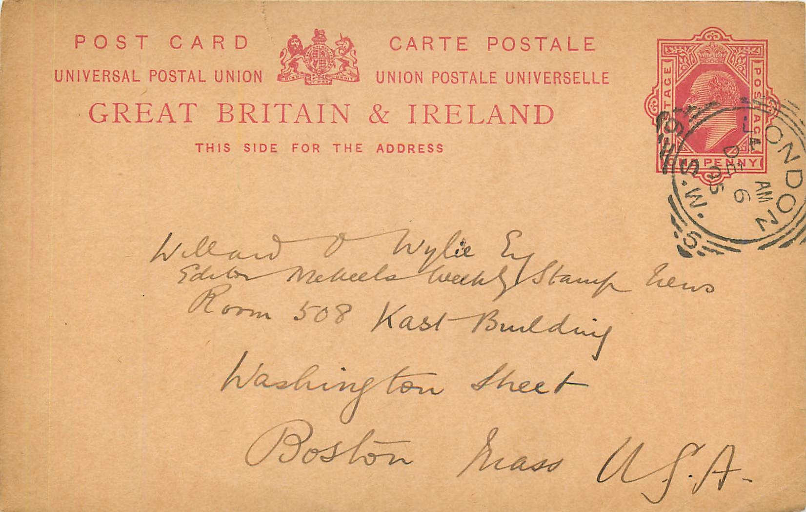 Entier Postal Postal Stationary Grande Bretagne Great Britain 1905 London to Boston