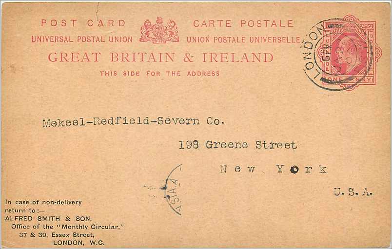 Entier Postal Postal Stationary Grande Bretagne Great Britain 1903 London to Boston Alfred Smith