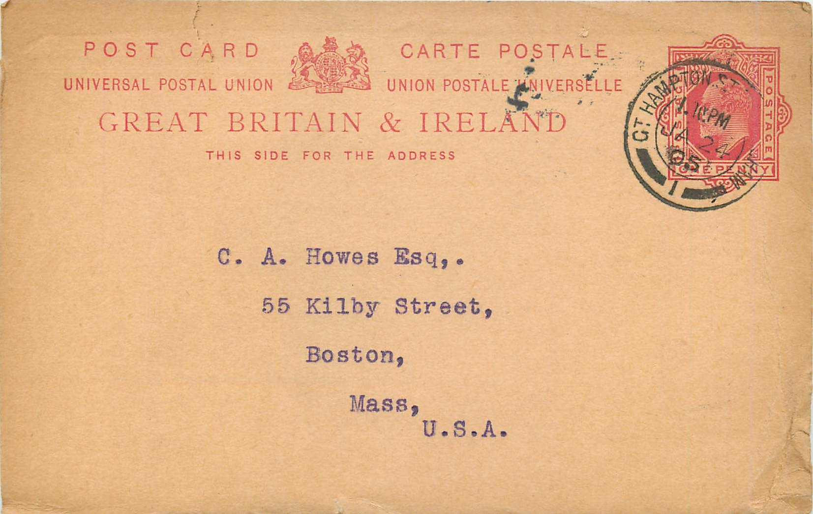Entier Postal Postal Stationary Grande Bretagne Great Britain 1905 London to Boston Alfred Smith