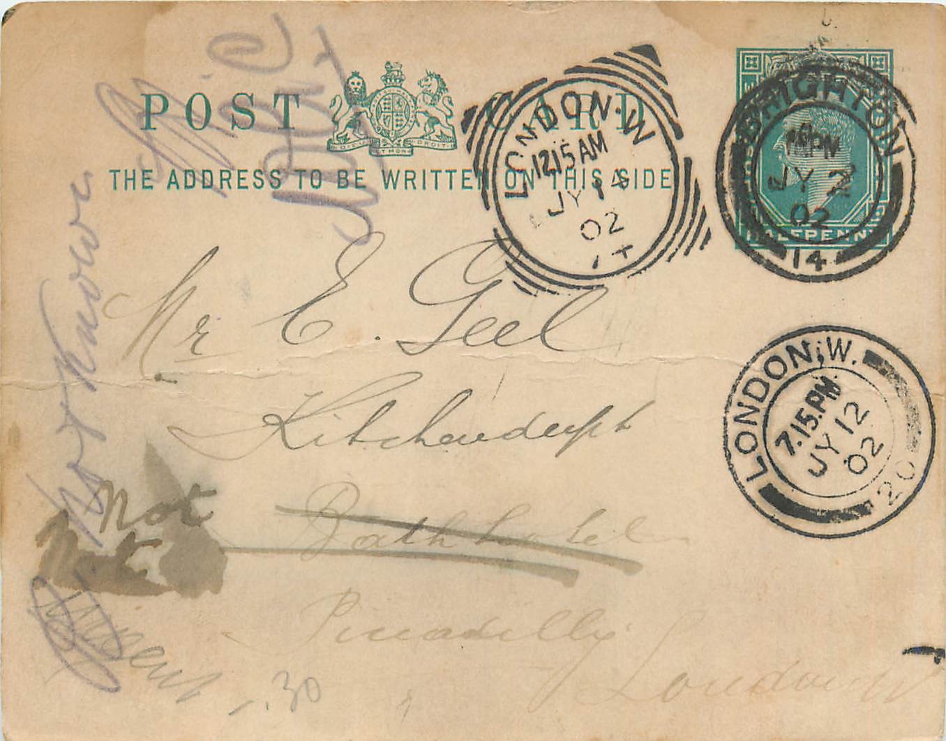 Entier Postal Postal Stationary Grande Bretagne Great Britain 1902 London to Bath 