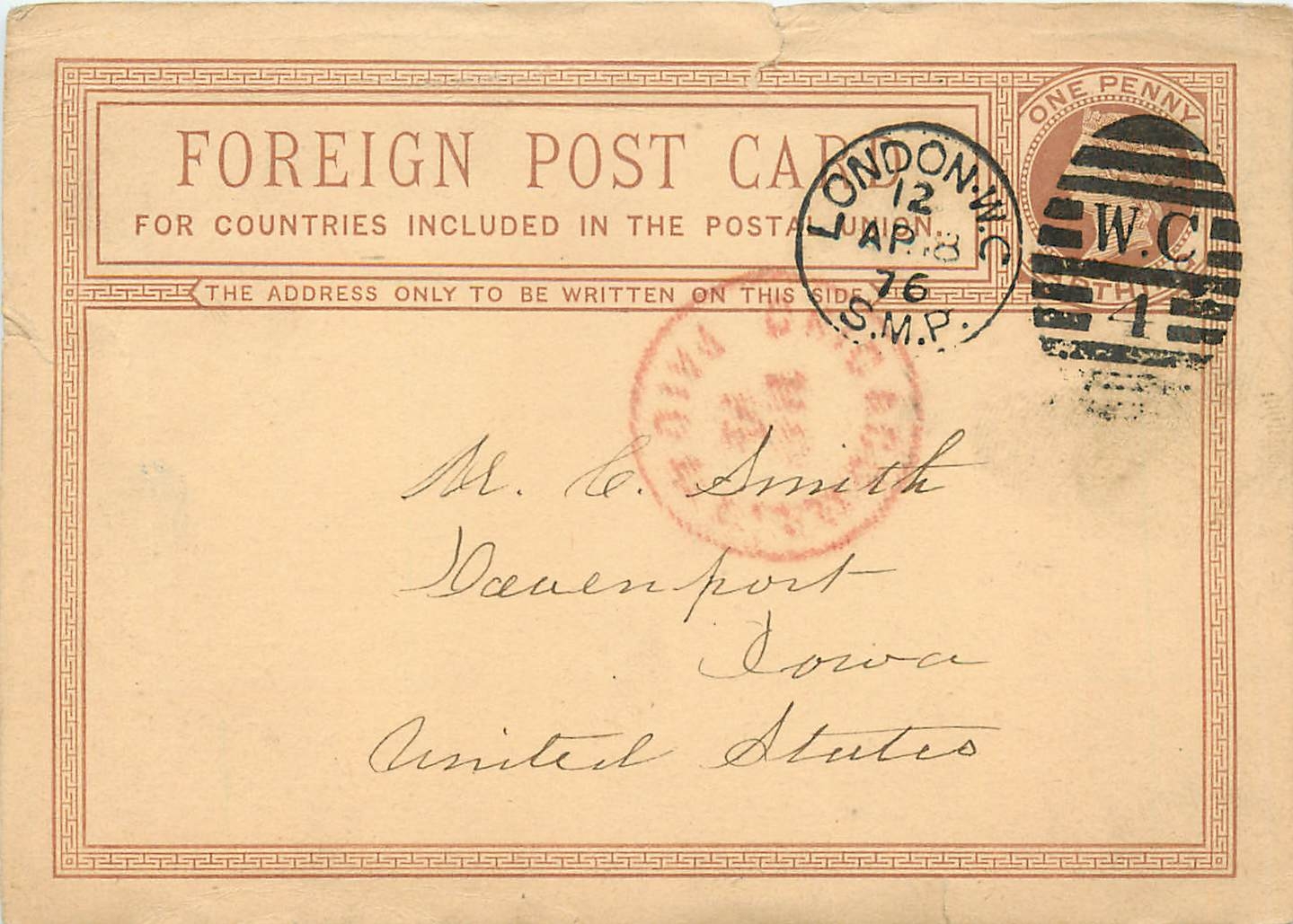 Entier Postal Postal Stationary Grande Bretagne Great Britain 1876 London to Iowa