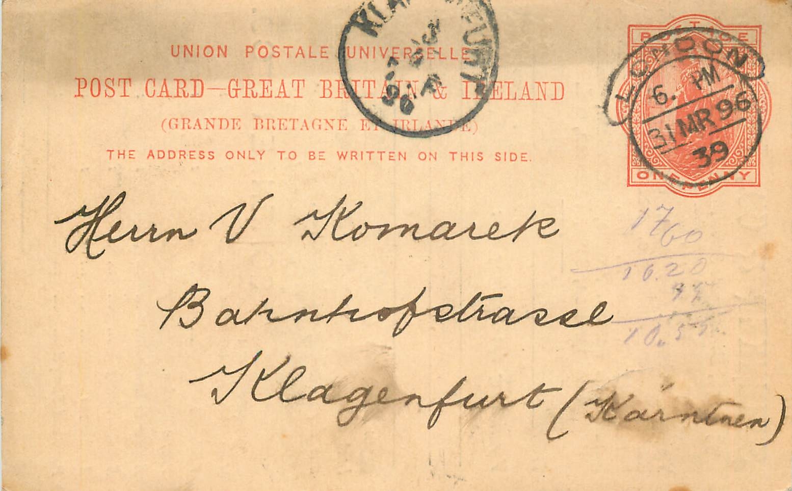 Entier Postal Postal Stationary Grande Bretagne Great Britain 1896 London to Iklangenfurt