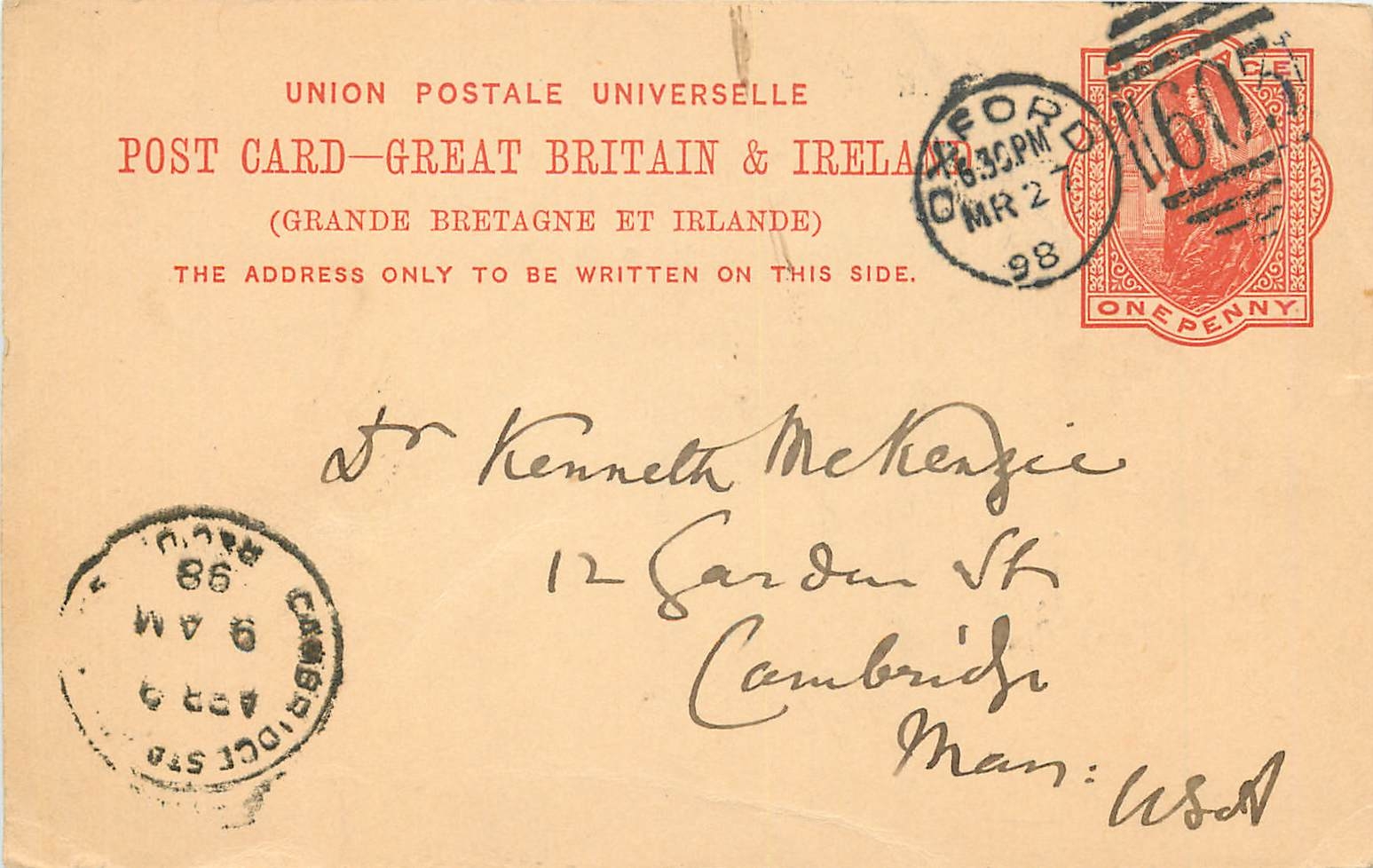 Entier Postal Postal Stationary Grande Bretagne Great Britain 1898 London to Cambridge