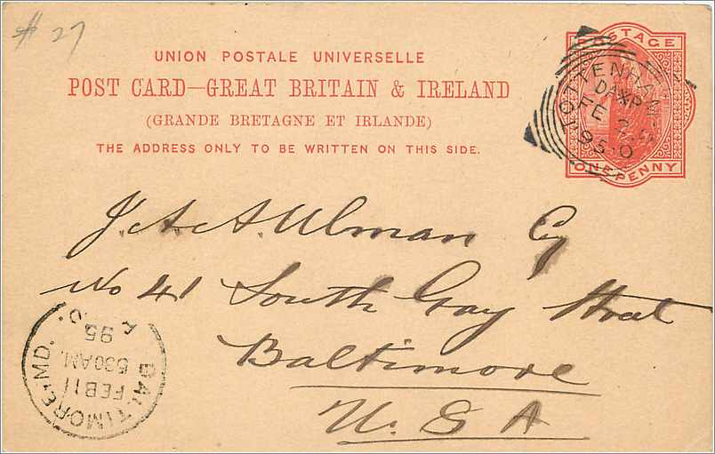Entier Postal Postal Stationary Grande Bretagne Great Britain 1895 Tottenham to Baltimore