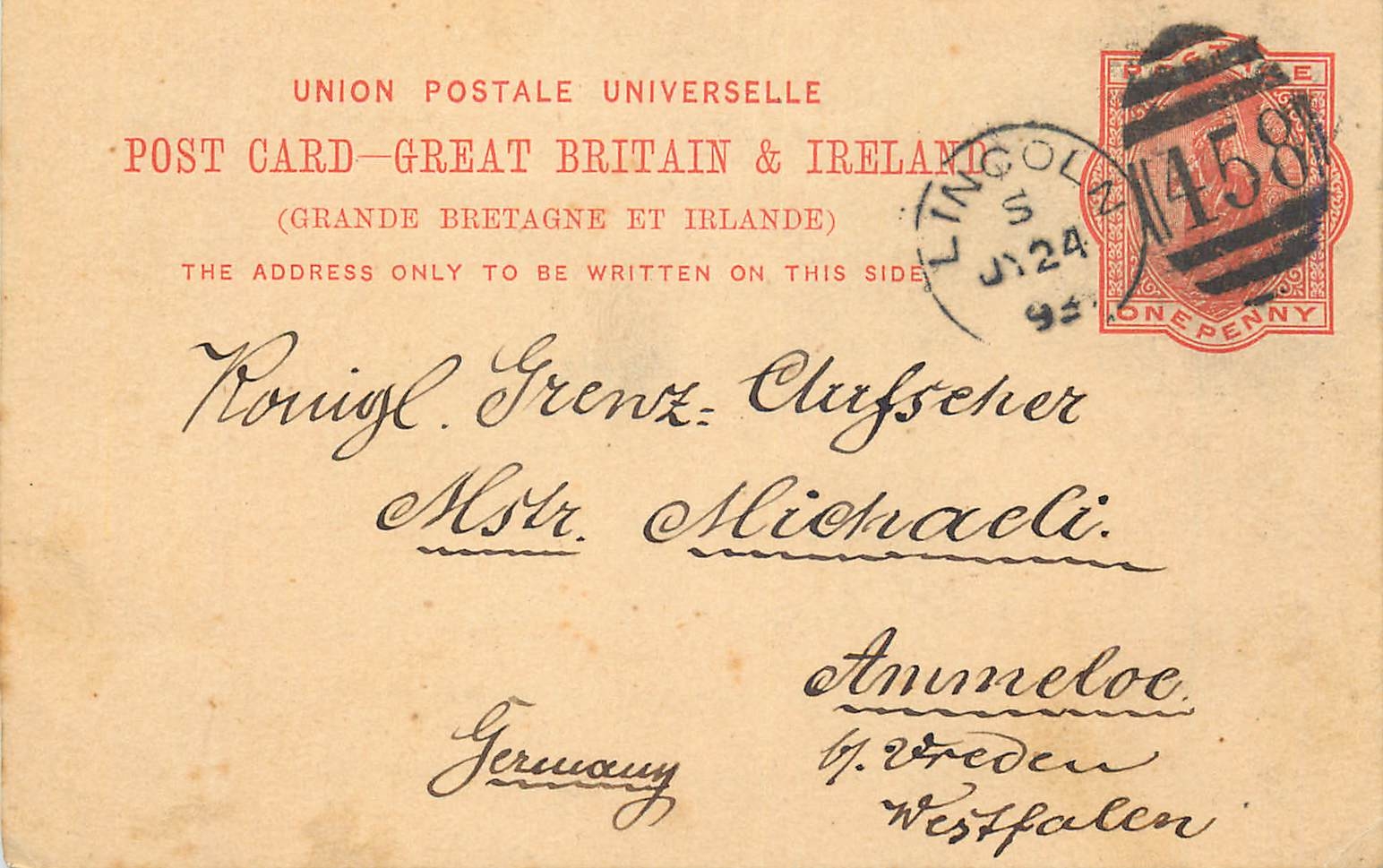 Entier Postal Postal Stationary Grande Bretagne Great Britain Lincoln 1893 to Germany