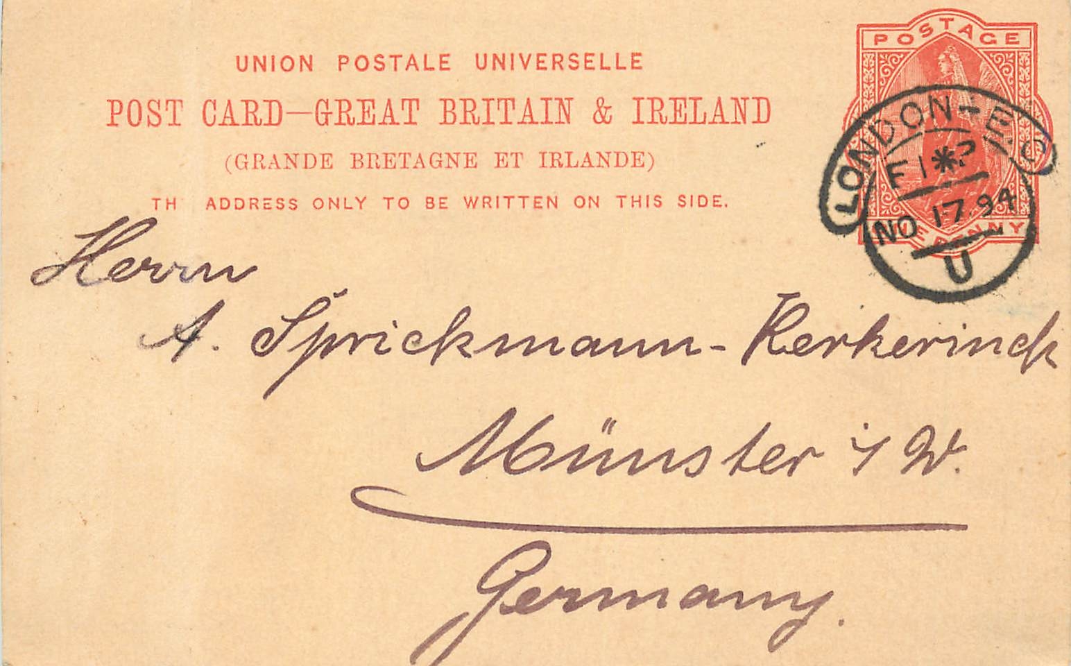 Entier Postal Postal Stationary Grande Bretagne Great Britain 1894 London to Munster