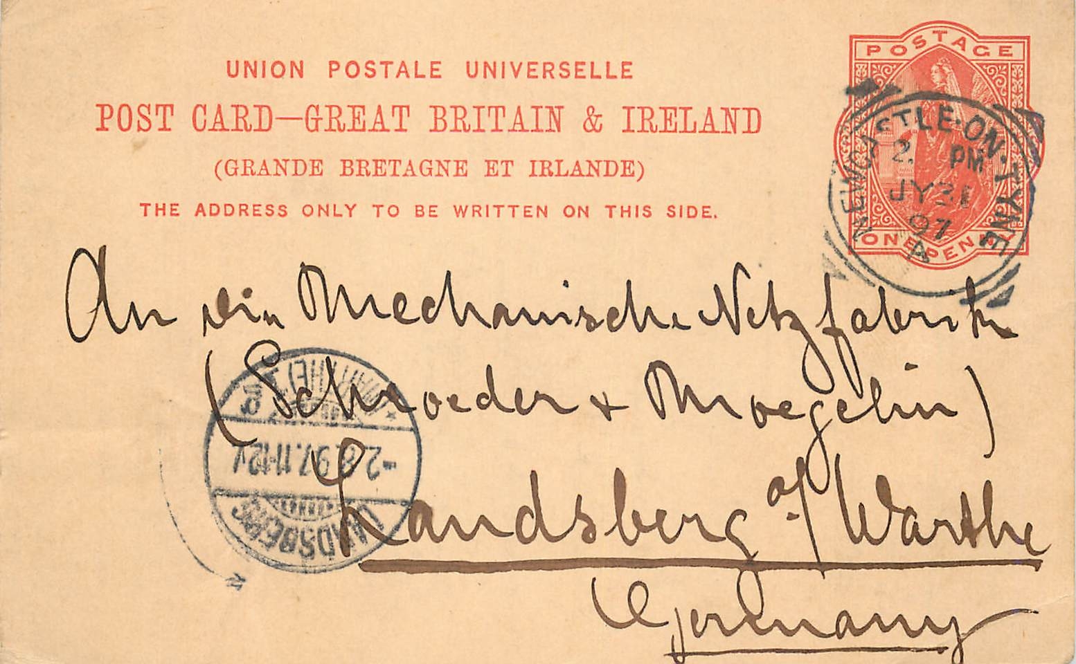 Entier Postal Postal Stationary Grande Bretagne Great Britain Newcastle to Landsberg 1897