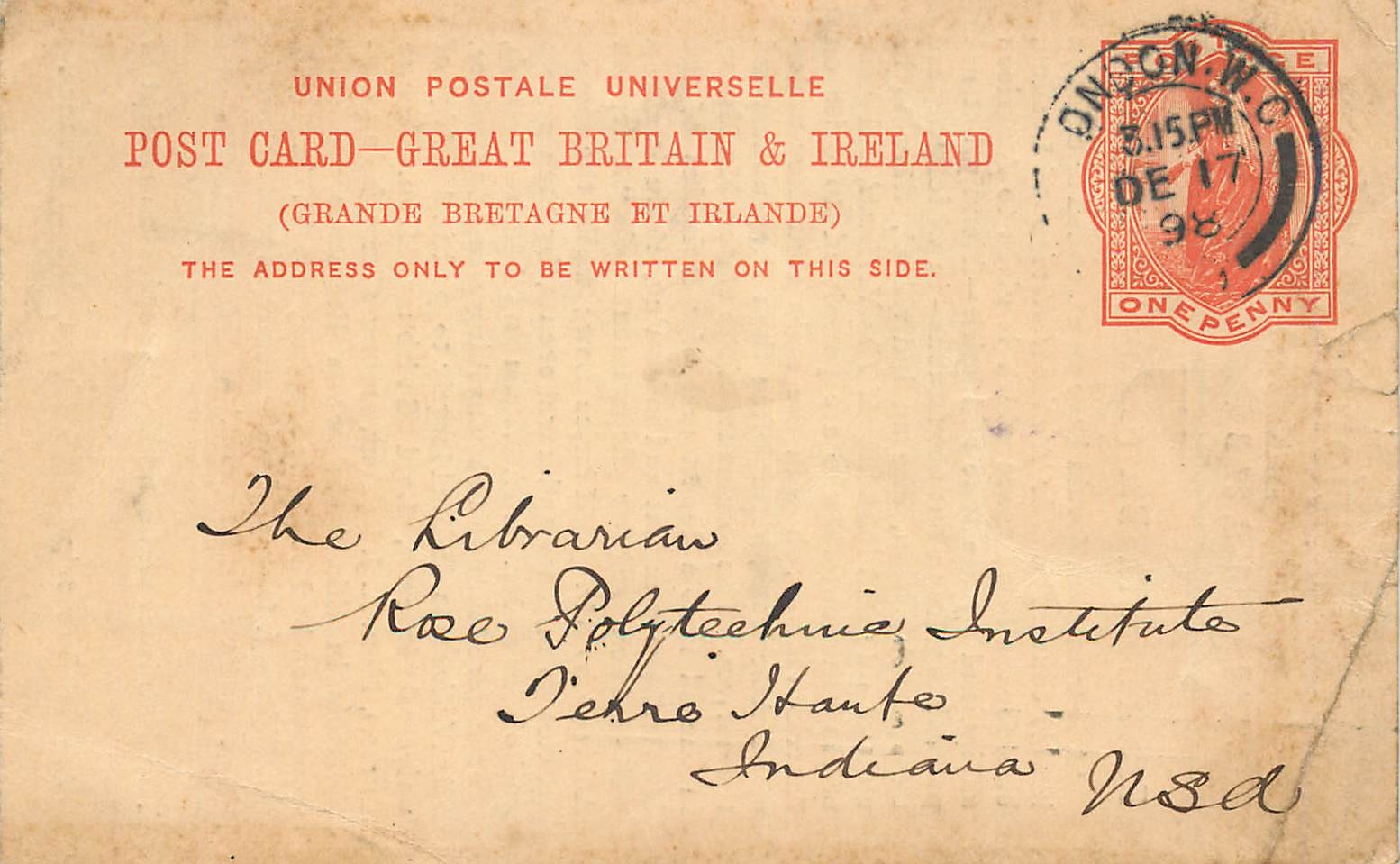 Entier Postal Postal Stationary Grande Bretagne Great Britain London 1898 to Indiana USA