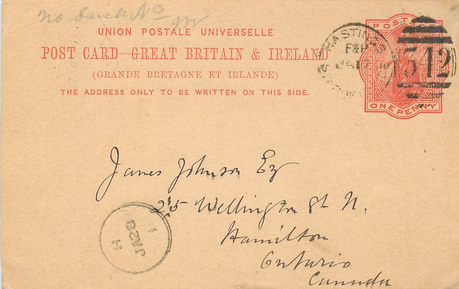Entier Postal Postal Stationary Grande Bretagne Great Britain Hastings to Ontario Hamilton