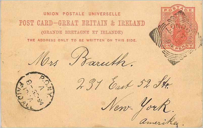 Entier Postal Postal Stationary Grande Bretagne Great Britain London 1894 to New York