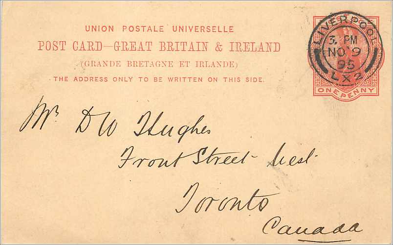 Entier Postal Postal Stationary Grande Bretagne Great Britain 1895 Liverpool to Toronto
