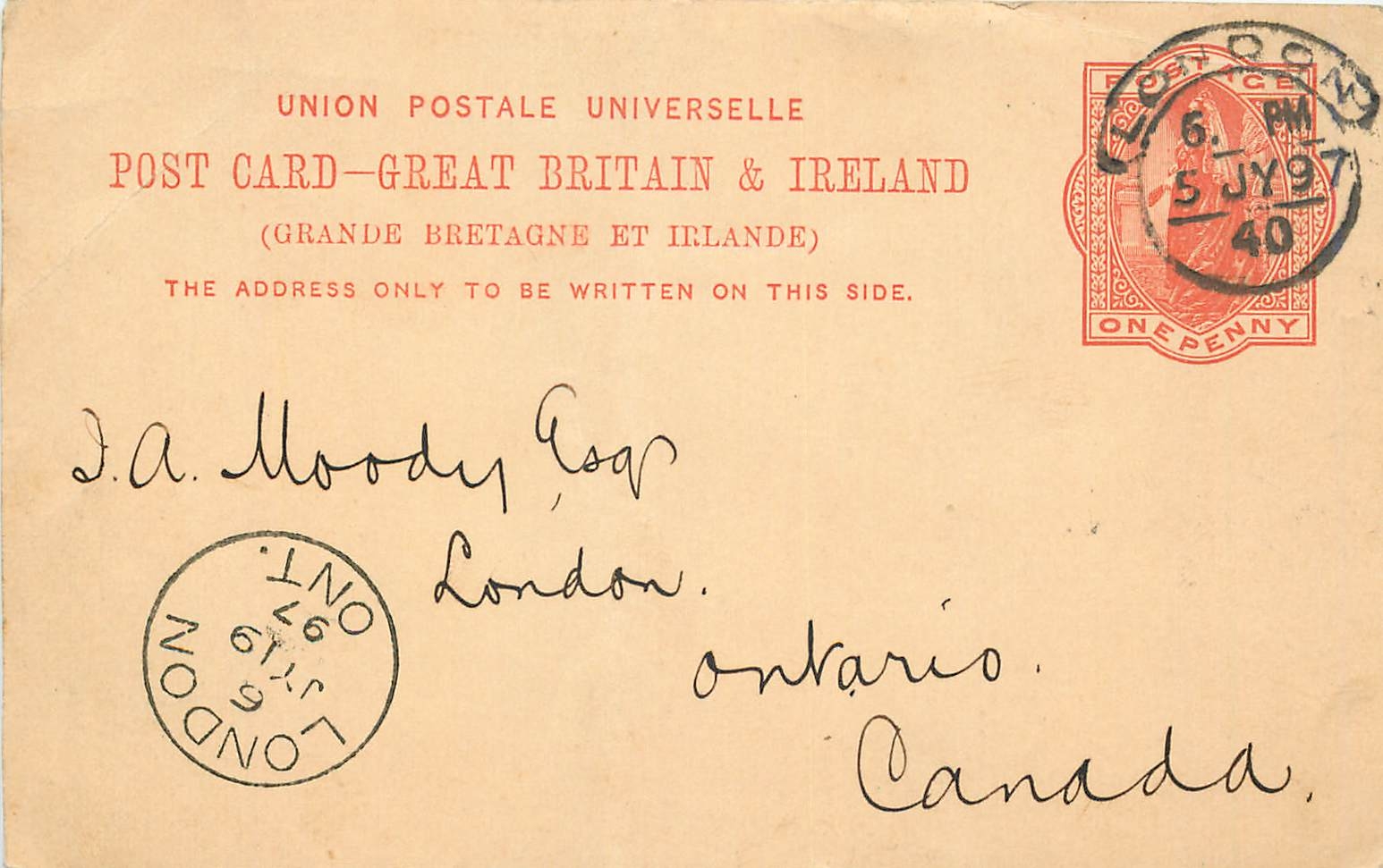 Entier Postal Postal Stationary Grande Bretagne Great Britain 1897 London to Ontario 