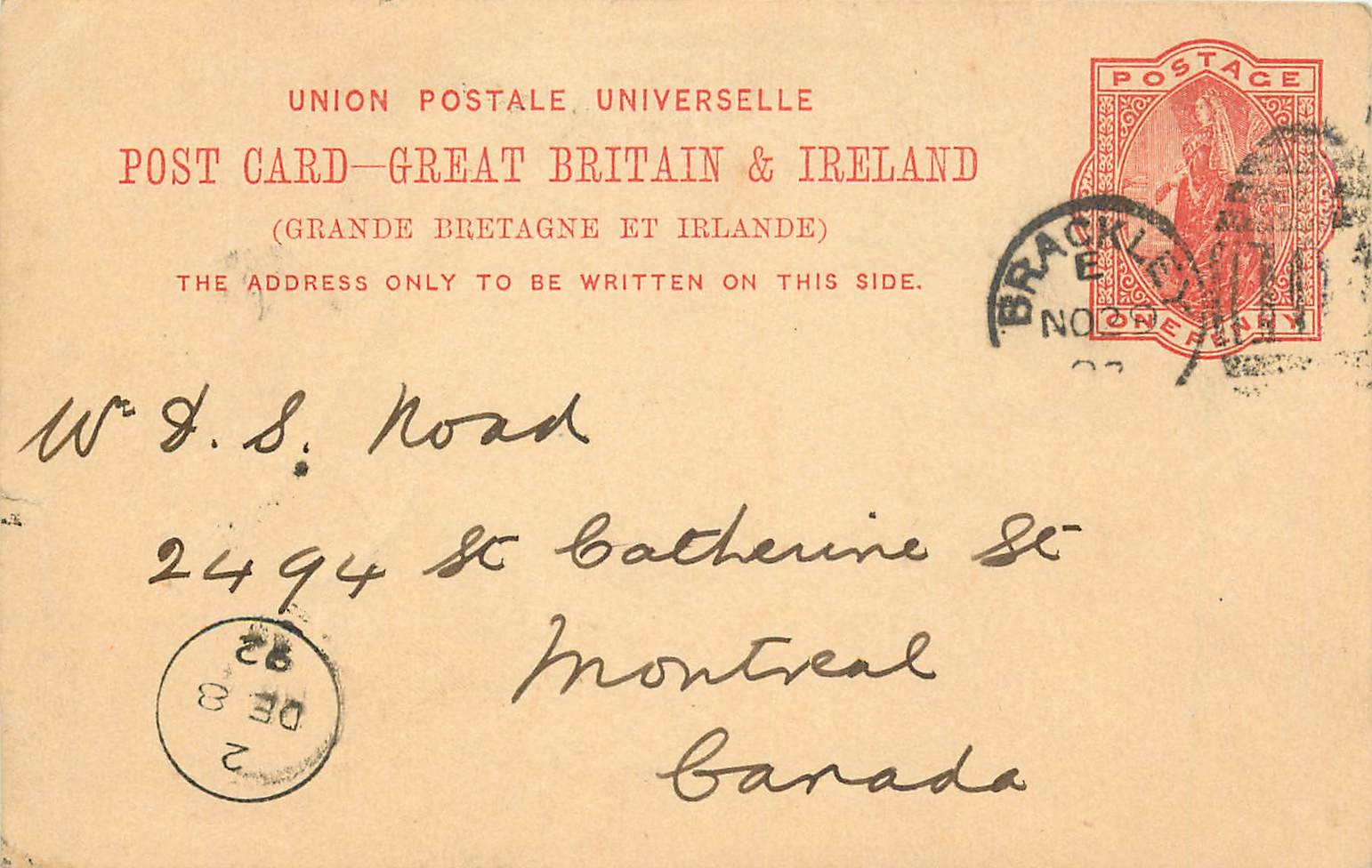Entier Postal Postal Stationary Grande Bretagne Great Britain Brackley 1892 to Montreal