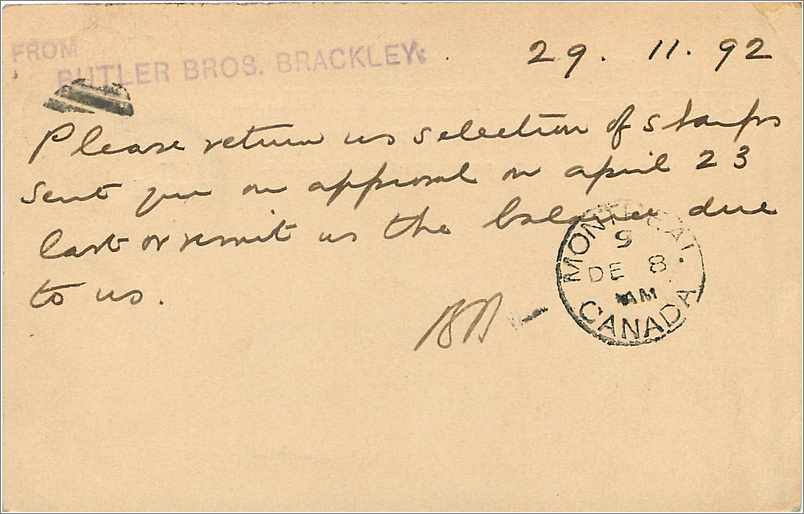 Entier Postal Postal Stationary Grande Bretagne Great Britain Brackley 1892 to Montreal — Verso