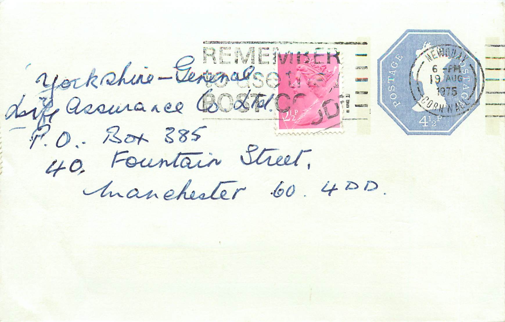 Entier Postal Postal Stationary Grande Bretagne Great Britain Machin Newquay 1975