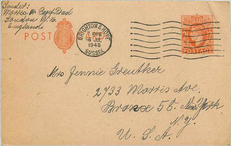 Entier Postal Postal Stationary Grande Bretagne Great Britain 1948 Brighton to New York