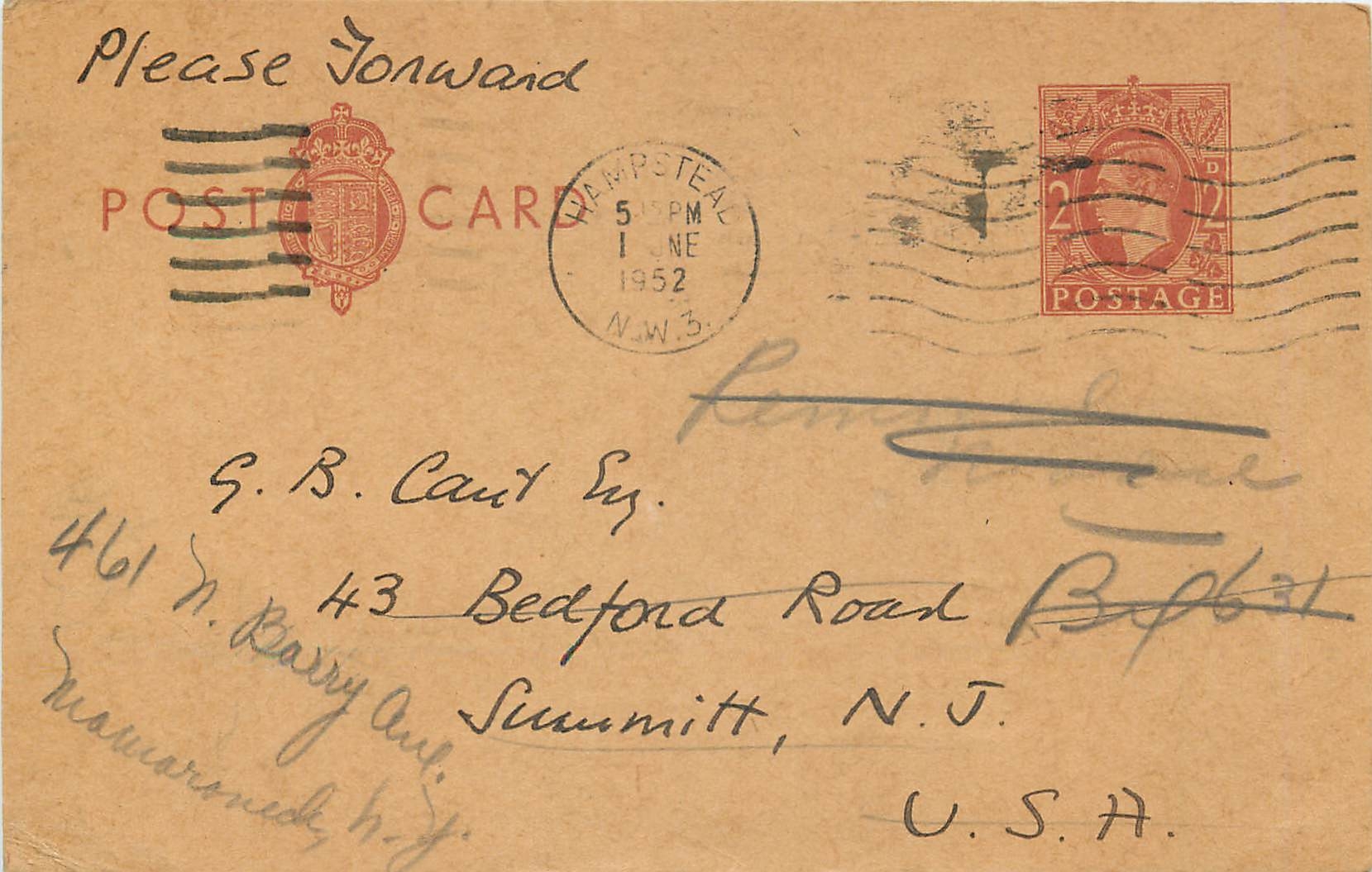 Entier Postal Postal Stationary Grande Bretagne Great Britain Hampstead to USA