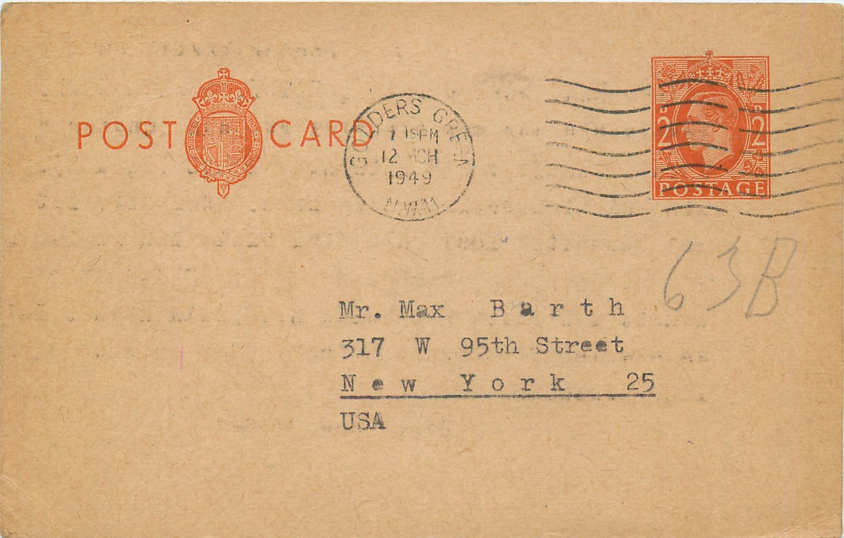 Entier Postal Postal Stationary Grande Bretagne Great Britain 1949 Golders Green to New York