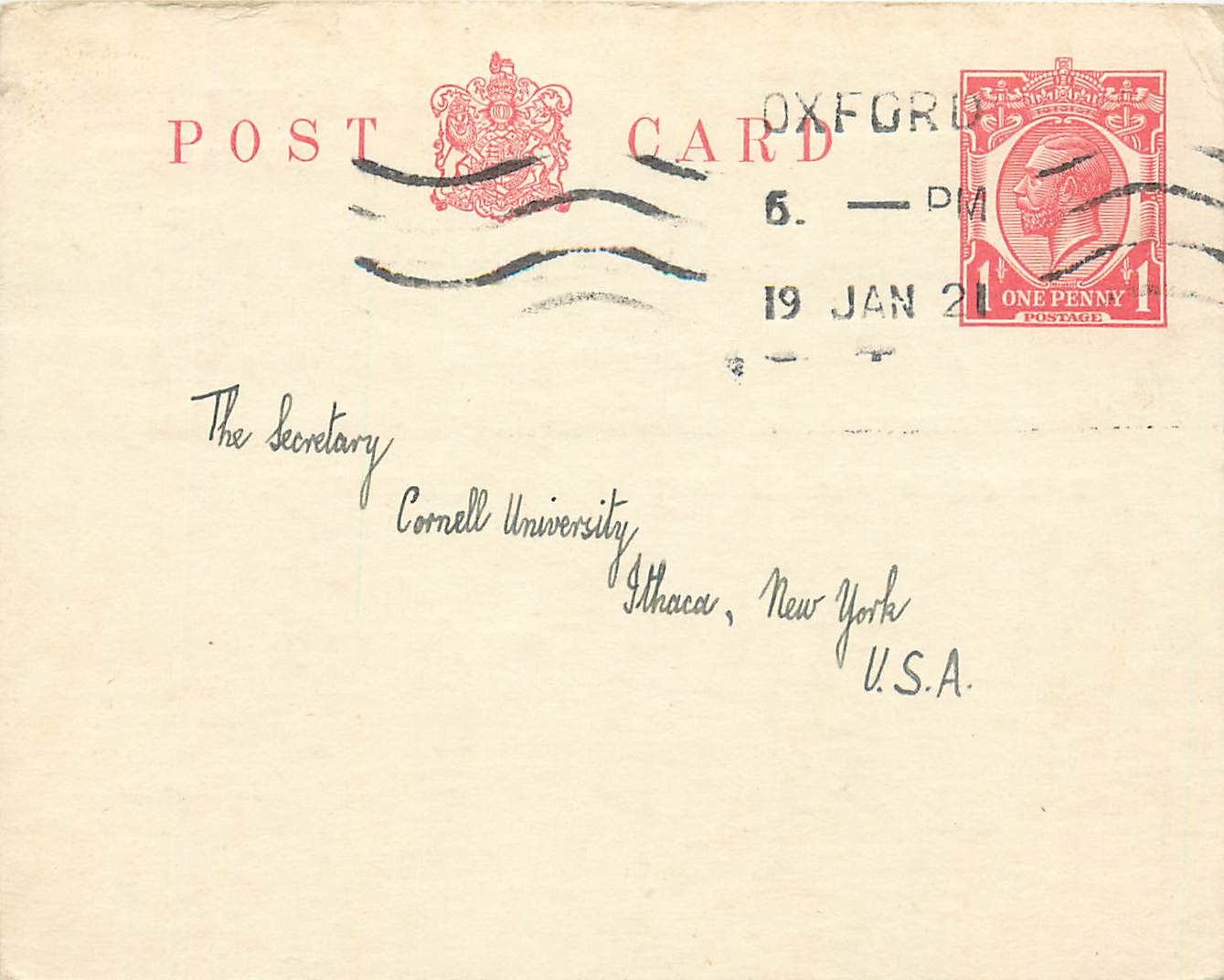 Entier Postal Postal Stationary Grande Bretagne Great Britain Oxford to Ithaca USA 1921
