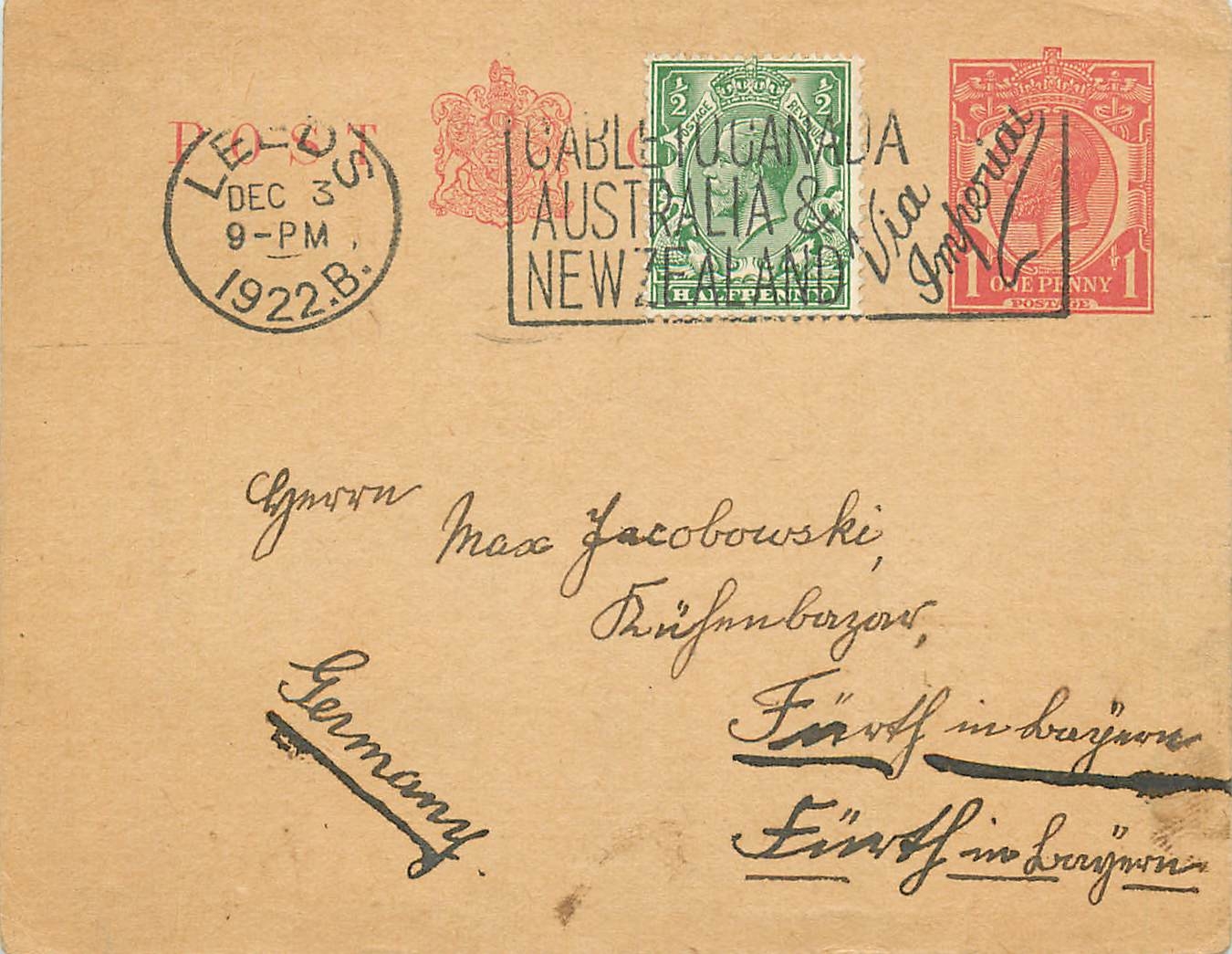 Entier Postal Postal Stationary Grande Bretagne Great Britain Leeds 1922 to Germany