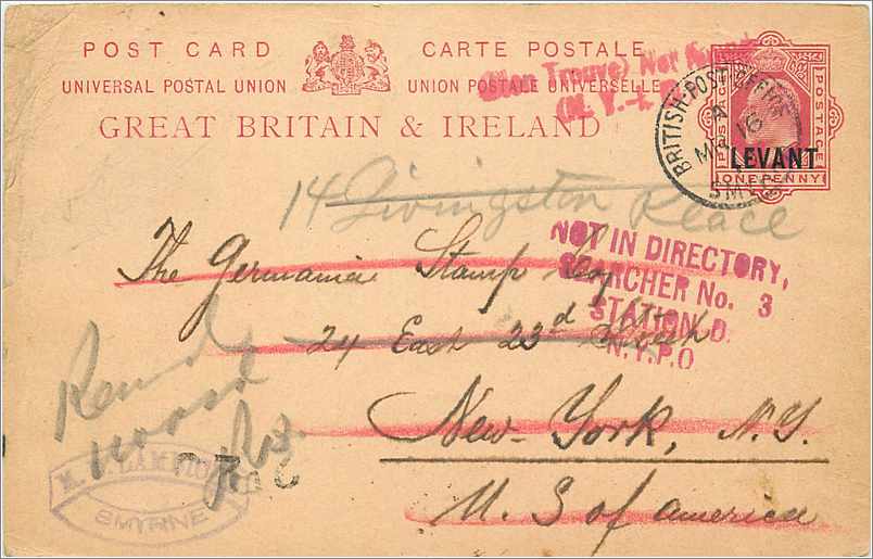 Entier Postal Postal Stationary Grande Bretagne Great Britain Levant to New York
