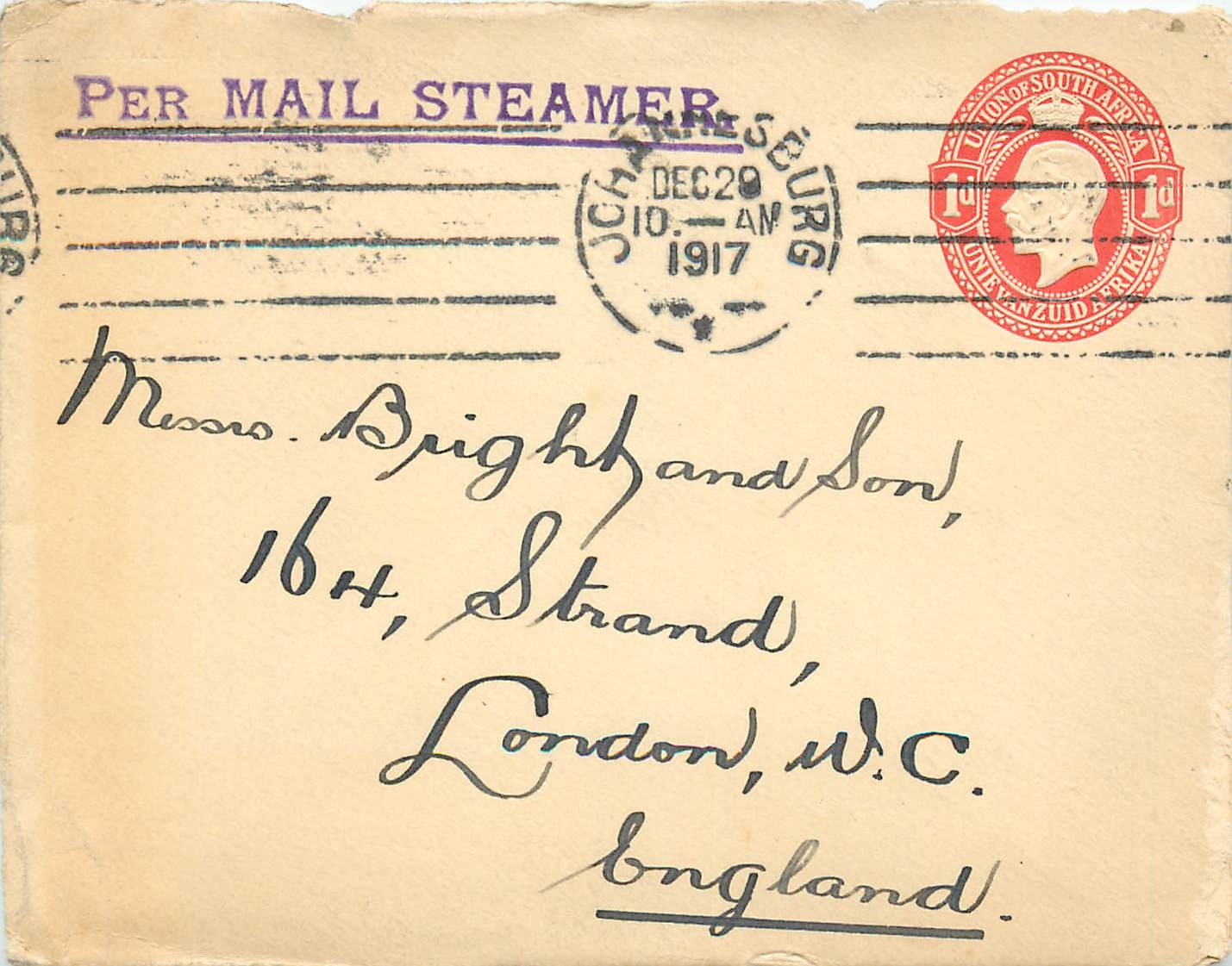 Entier Postal Postal Stationary Afrique du Sud Johannesburg to London 1917