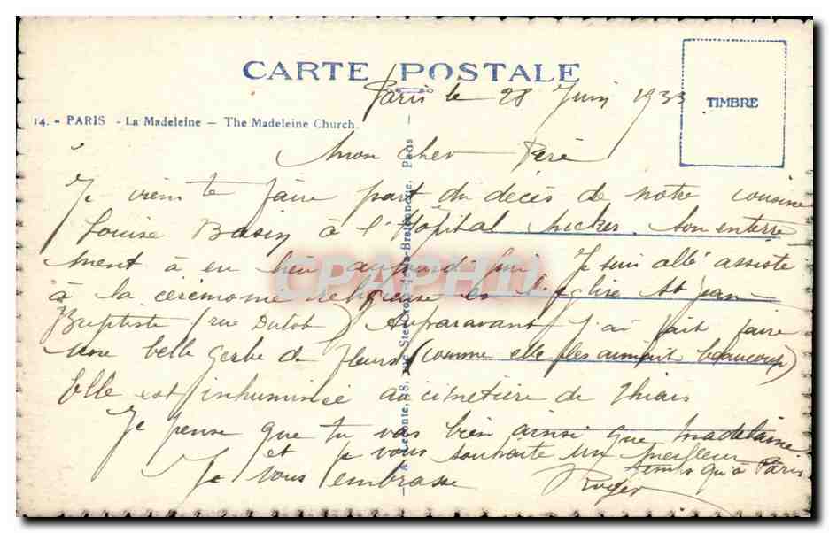 Paris CPA La Madeleine  — Verso