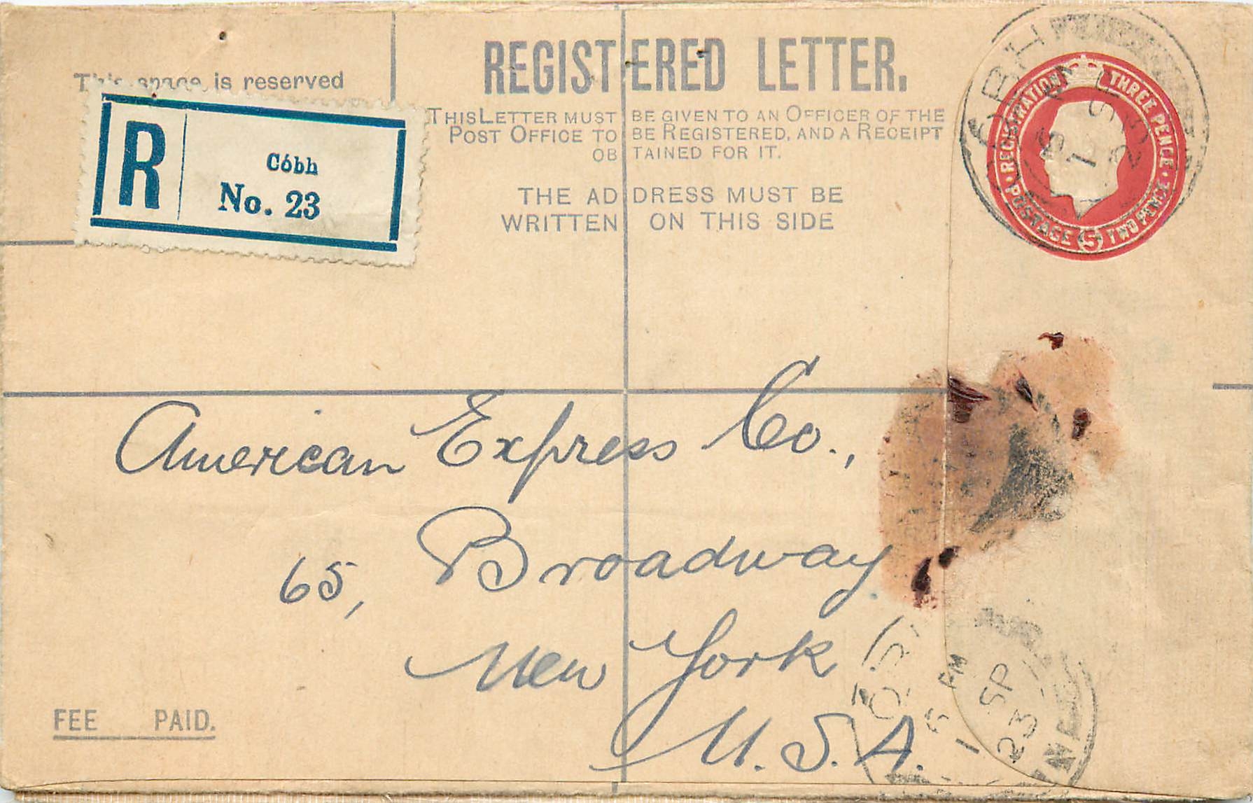 Entier Postal Postal Stationary Grande Bretagne Great Britain Cobh to New York
