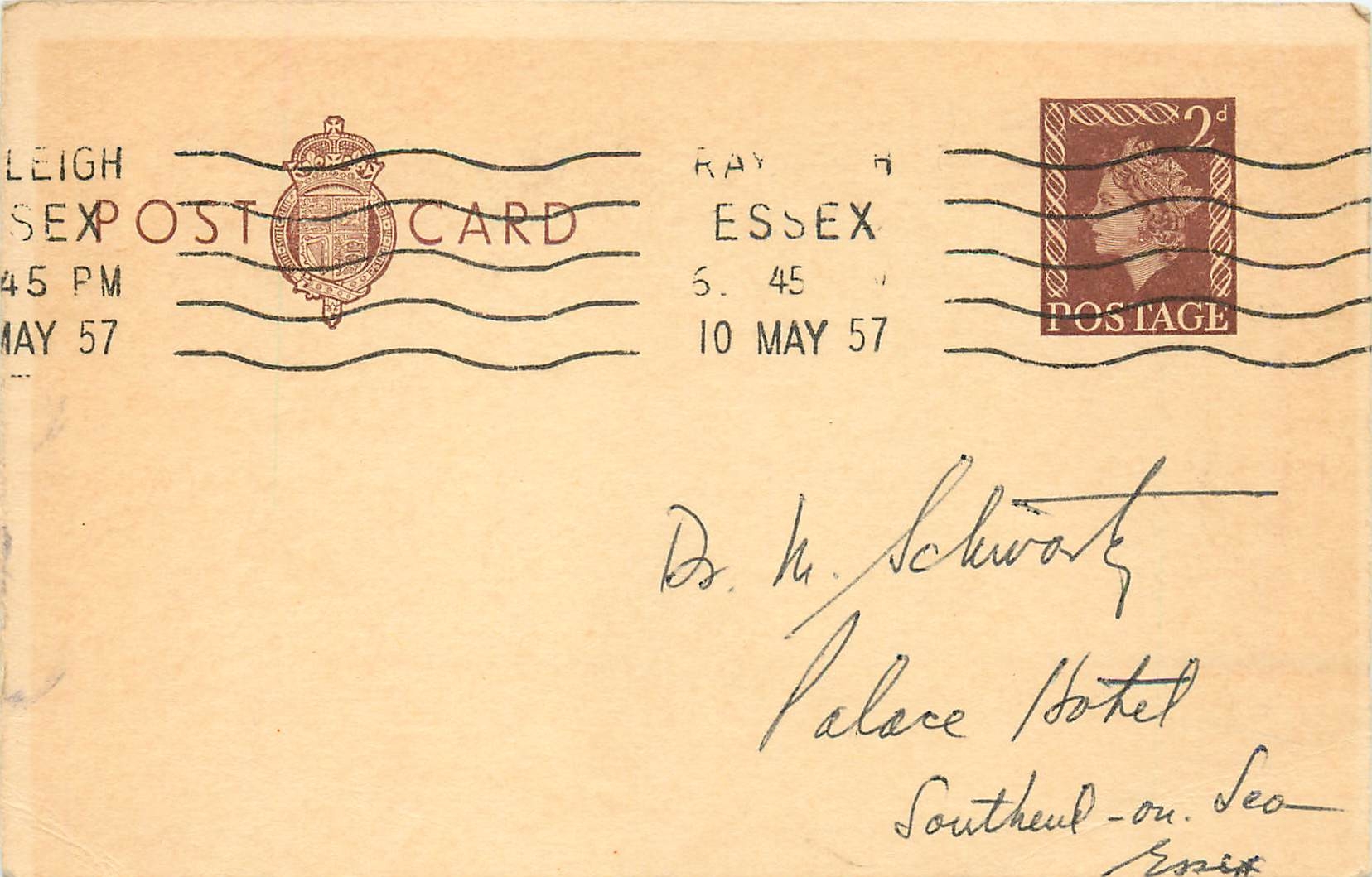 Entier Postal Postal Stationary Grande Bretagne Great Britain 2d 1957 to Southend on Sea