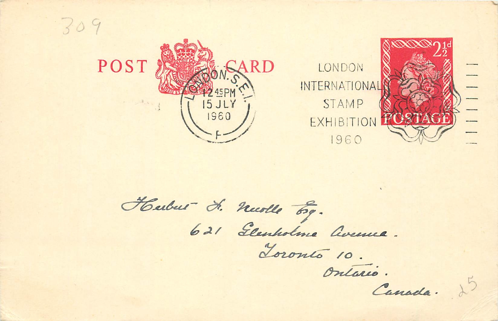 Entier Postal Postal Stationary Grande Bretagne Great Britain London Stamp Exhibition 1960 to Toront