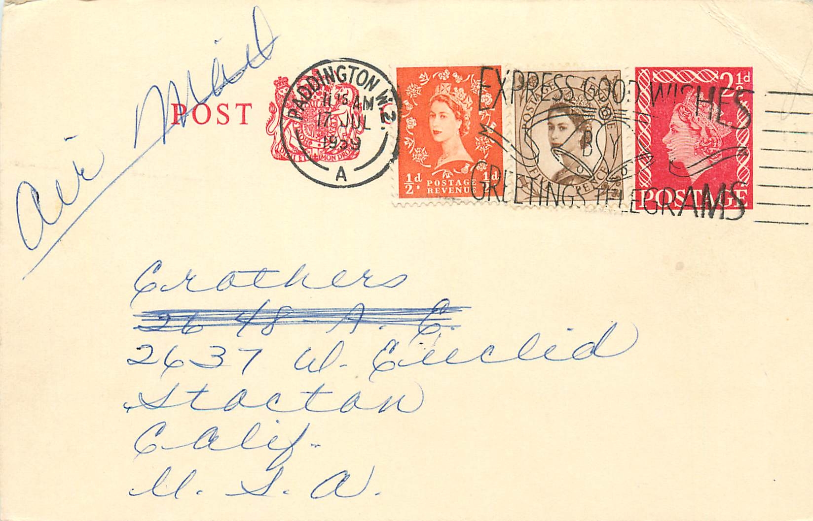 Entier Postal Postal Stationary Grande Bretagne Great Britain 1959 Express Good Wishes 
