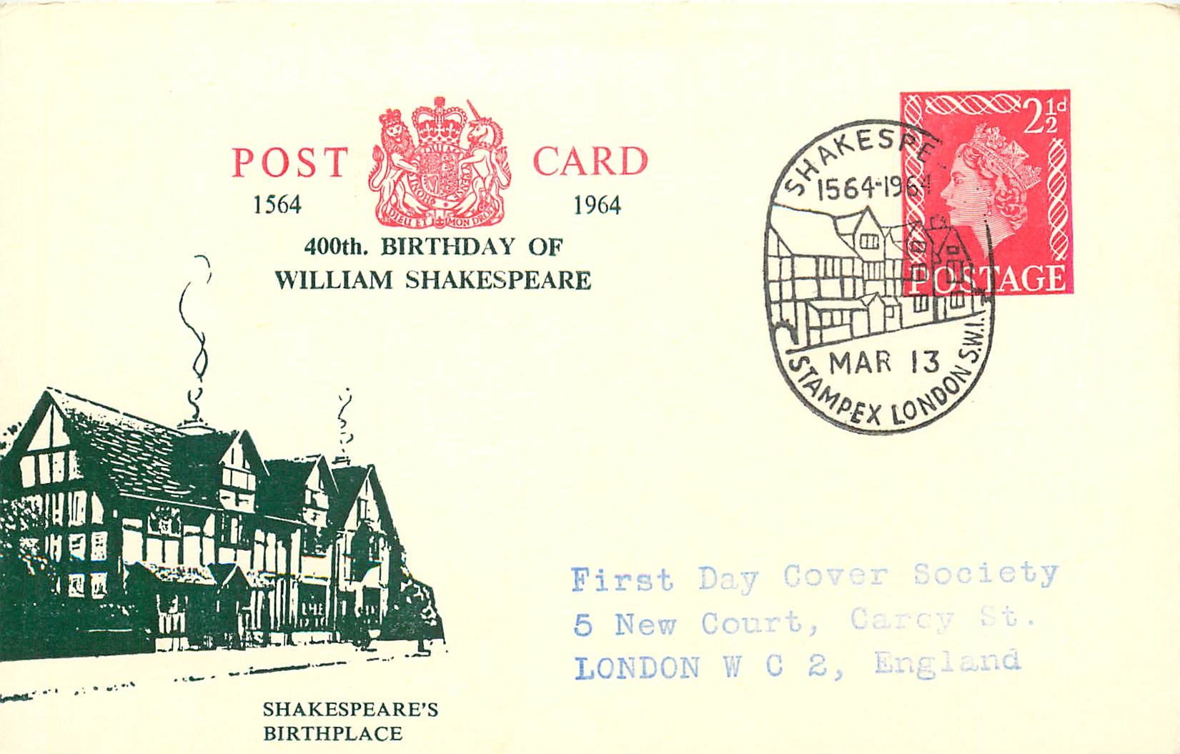 Entier Postal Postal Stationary Grande Bretagne Great Britain 1964 Shakespeare tp London 