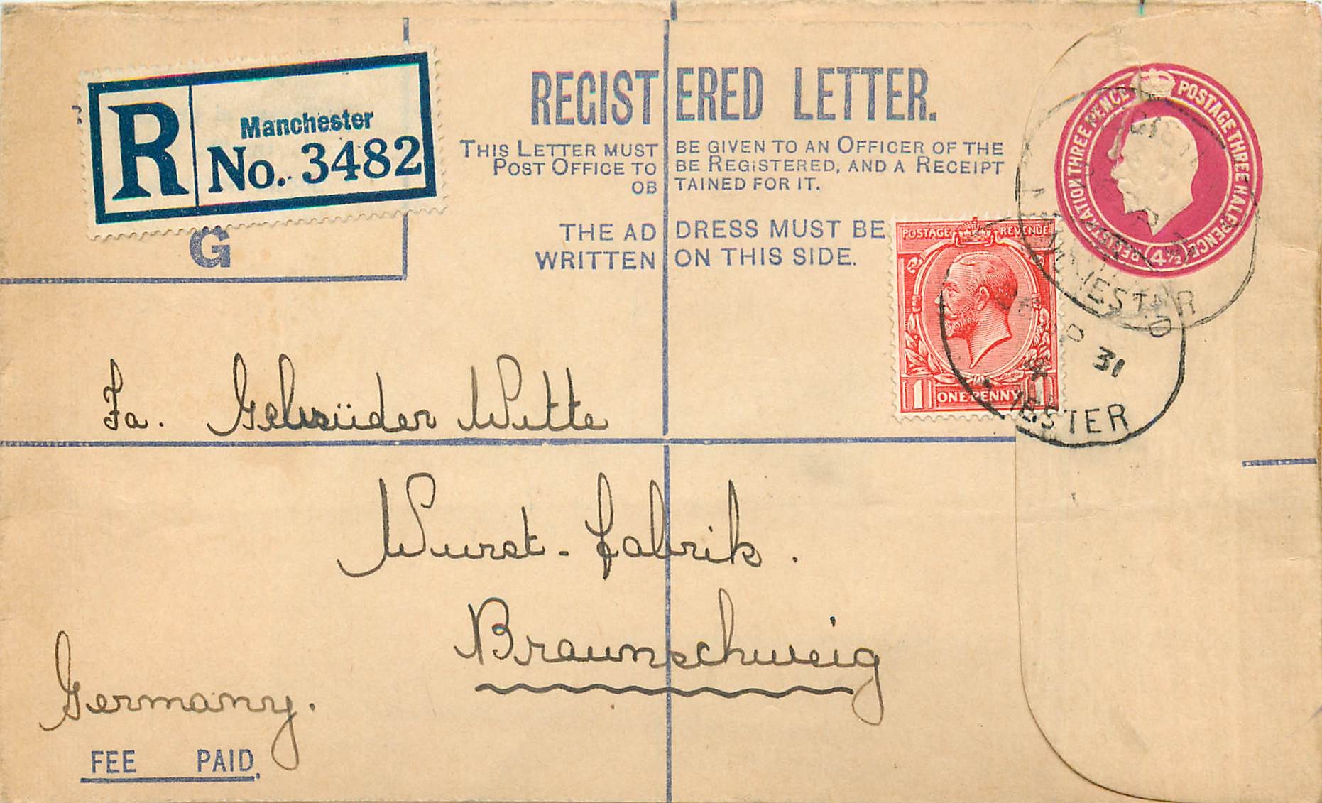 Entier Postal Postal Stationary Grande Bretagne Great Britain 4 1/2d + 1c for Germany Manchester 193
