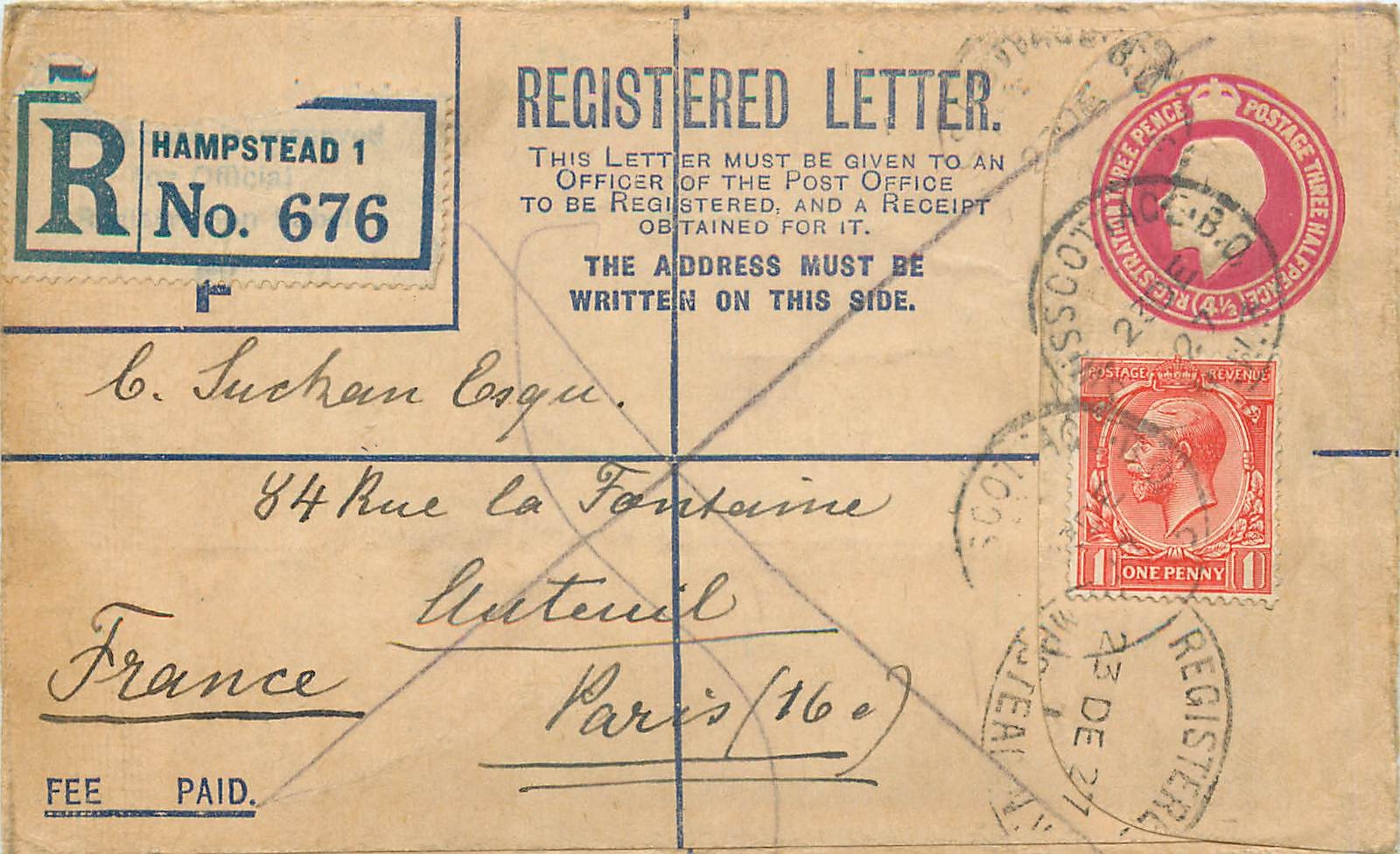 Entier Postal Postal Stationary Grande Bretagne Great Britain 4 1/2d + 1 p Hampstead for Paris 1927