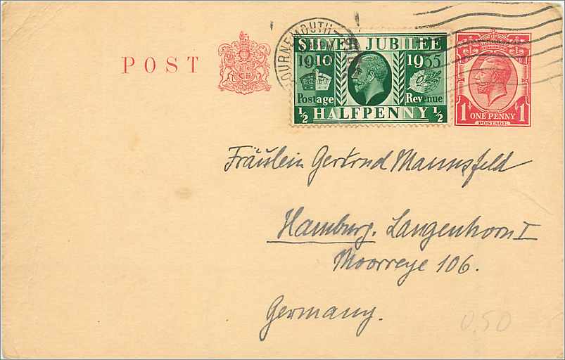 Entier Postal Postal Stationary Grande Bretagne Great Britain 1p + 1/2p for Germany 1935