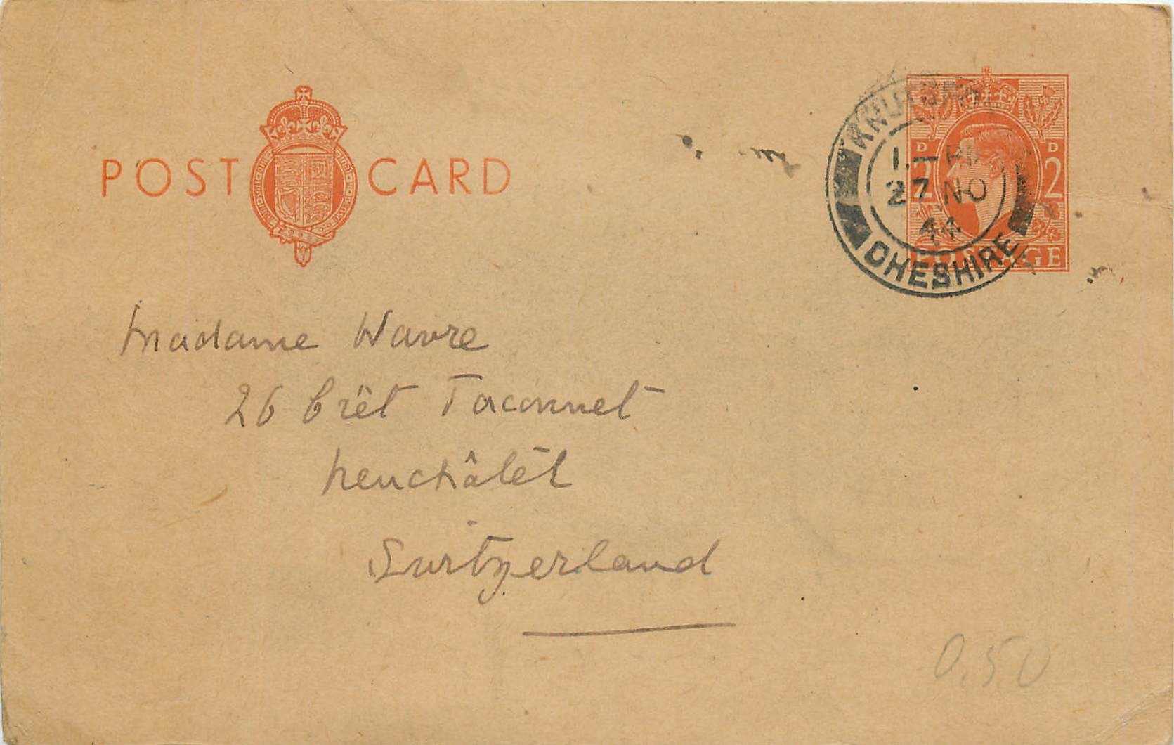 Entier Postal Postal Stationary Grande Bretagne Great Britain 2d for Neuchatel 1944